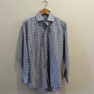 Ledbury Men's Blue White and Tan Check Button-Down Shirt